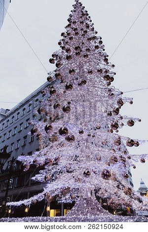Budapest, Hungary - January 01, 2018: The Christmas Tree In The Fashion Street With Christmas Decora