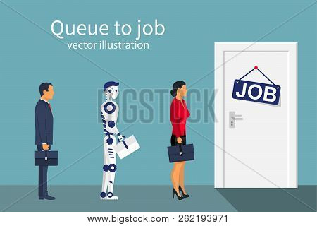 Queue To Work Man Woman And Robot. Future Cooperation. Artificial Intelligence. Standing In Front Of