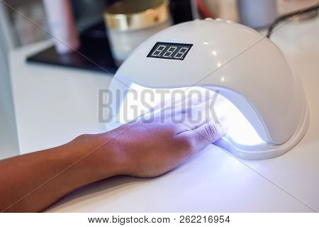 Manicured Nails In Uv Lamp. Small Nail Art And Manicure Business. Hands Of Woman In A Wellnes Salon