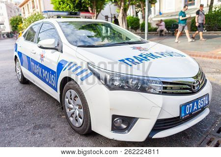 Antalya / Turkey - September 30, 2018: Subaru Police Car From The Turkish Police Trafik Polisi Stand