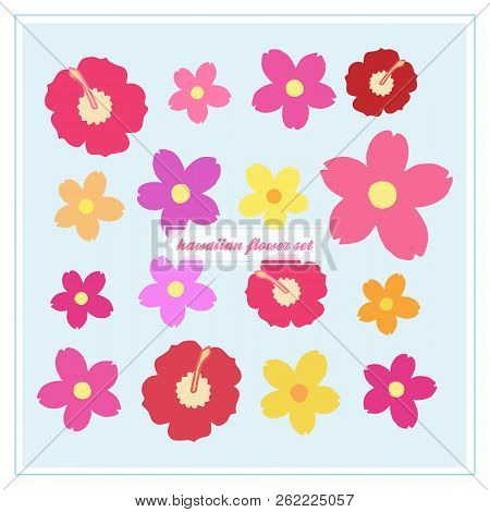 Hawaiian Flower Vector Set, Hibiscus And Oleander Blossom Icons, Colorful Floral Set. Vector Illustr