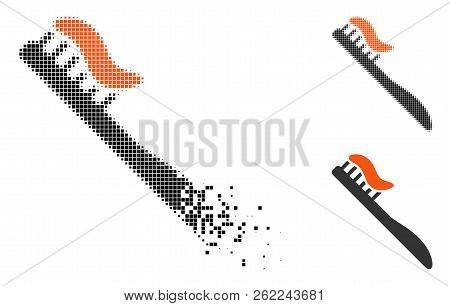 Tooth Brush Icon In Dissipating, Pixelated Halftone And Undamaged Entire Variants. Particles Are Com