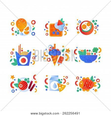 Healthy Organic Products And Fast Food Set, Fried Chicken, Belgian Waffle, Noodles Wok, Grilled Fish