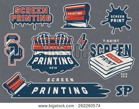 Vintage Screen Printing Colorful Elements Set With Squeegees Blots Shirts Inscriptions Isolated Vect