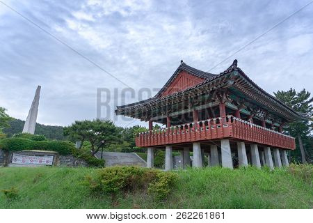 Geoje, South Korea - May 20, 2018 : The Monument Of Admiral Yi Sun-sin And Traditional Korean Style 