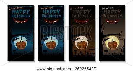Halloween Banner Design Set. Happy Halloween. Full Moon Over Cemetery. Vector Illustration