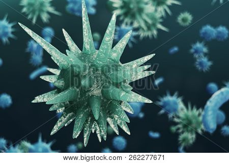 3d Illustration Virus Backgorund. Viruses Influenza, Hepatitis, Aids, E. Coli, Colon Bacillus. Conce