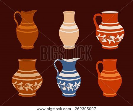 Set Of Ceramic Crockery. Collection Jugs In Different Variation. Rustic Pottery Utensils, Colorful V