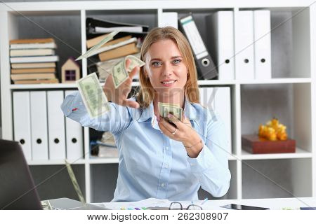 Beautiful Businesswoman Portrait. Scattering Money Notes Dollars In Fashion Vows Style Curly Hair Wi