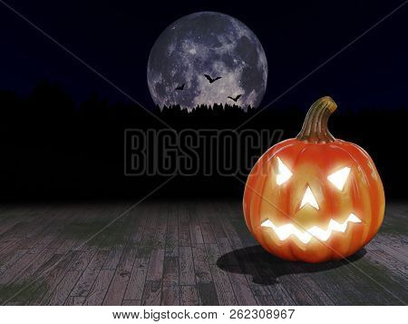 Halloween Pumpkin With Full Moon In Background, Illustration