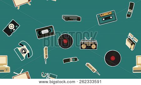 Texture, Seamless Pattern Of Old Retro Hipster Electronics Stickers, Tv Recorder Mobile Phone, Playe