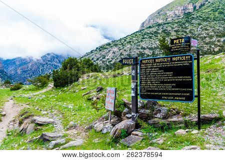 Meta Village, Nepal - July 20, 2018 : Welcome Sign At The Entrance To Meta Village In Annapurna Cons
