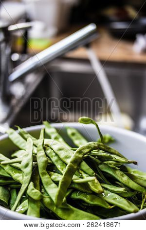 Fresh Green Beans Washed At The Kitchen.