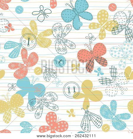 Seamless Pattern With Cute Hand Drawn Butterflies And Buttons. Pastel Backdrop For Fabric, Textile, 