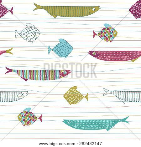 Seamless Pattern With Cute Hand Drawn Fishes And Stripes.