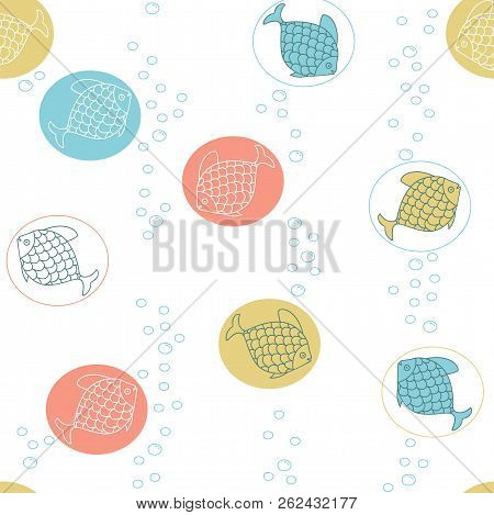 Seamless Kids Pattern With Cute Hand Drawn Fishes And Air Bubbles. Pastel Backdrop For Fabric, Texti
