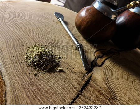 Yerba Mate Drink On Wooden Table, Slice Of Wood