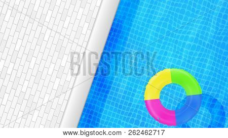 Swimming Pool Top View. Water Background. Swim Rings. Trendy. Inflatable Rubber Toy. Realistic Summe