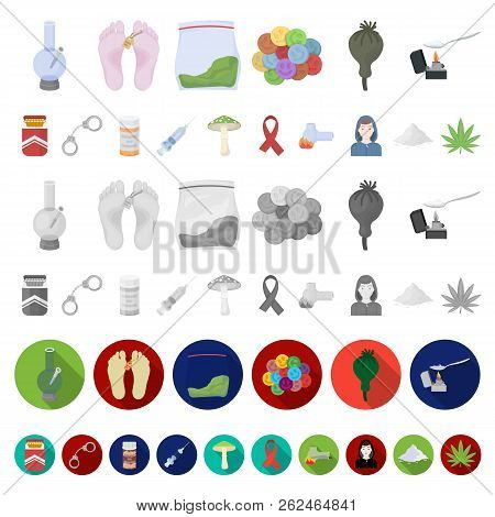 Drug Addiction And Attributes Cartoon Icons In Set Collection For Design. Addict And Drug Vector Sym