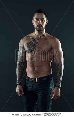 You Can Copy My Tattoo. Muscular Man With Sexy Tattoo Style. Man With Muscular Torso. Macho Style. I