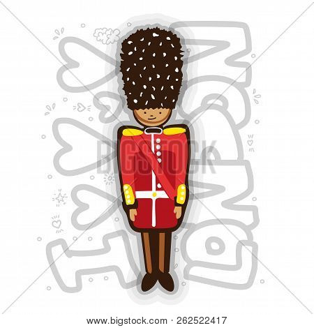 Uk Buckingham Palace Queen Guard In Uniform Cartoon Illustration. London Guard Fun Illustration With