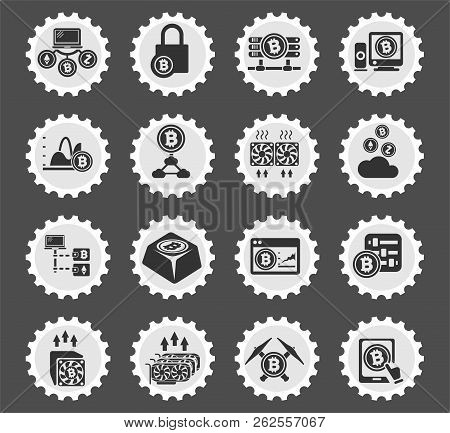 Cryptocurrency And Mining Web Icons Stylized Postage Stamp For User Interface Design