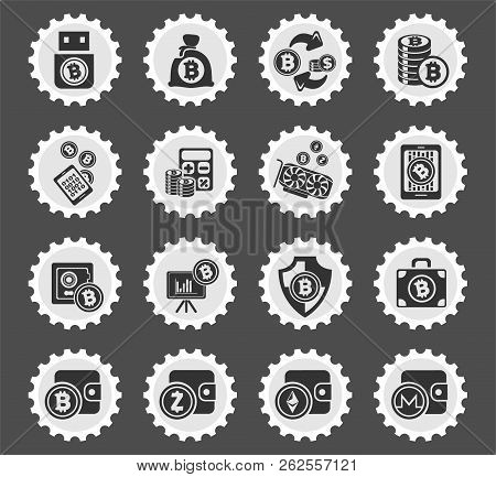 Bitcoin And Cryptocurrency Web Icons Stylized Postage Stamp For User Interface Design