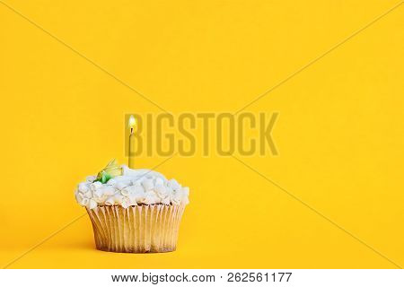 Pretty Vanilla Flavored Cupcake With Buttercream Frosting And Decorated With White Chocolate Shaving