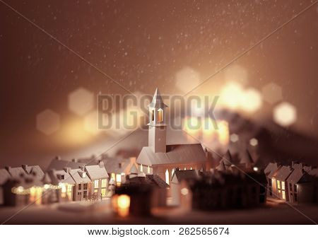 A Model Christmas Town With Houses And A Church On Christmas Eve. 3d Illustration.