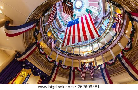 St. Louis, Mo, Usa - July 9, 2018 - Replica Of The Garrison Flag Adorned With 33 Stars Hanging In Th