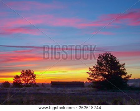 Sunrise Sunset In Golden Autumn In The Luneburg Heath