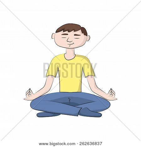 The Guy, Boy (man) Is Sitting In A Yoga Pose. Vector Color Illustration.
