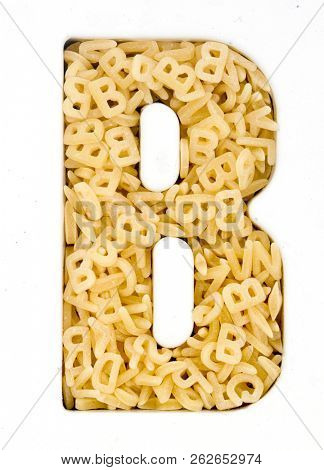 Capital Letter B made up from  alphabet  pasta  macro image 