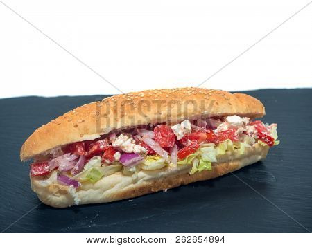 Greek sandwish on a slate plate