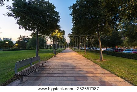 Landscape Of Turia River Gardens Jardin Del Turia, Leisure And Sport Area In Valencia, Spain. Wide A