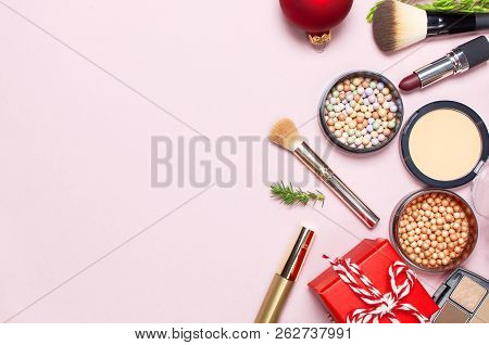 Various Cosmetic Products For Make-up, Blusher, Powder, Brushes, Lipstick, Eyeshadow And Christmas G