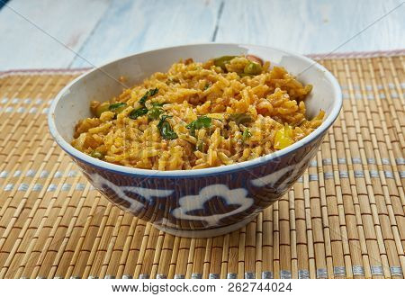 Achari Vegetable Indian Spicy Pulao, Close Up Meal