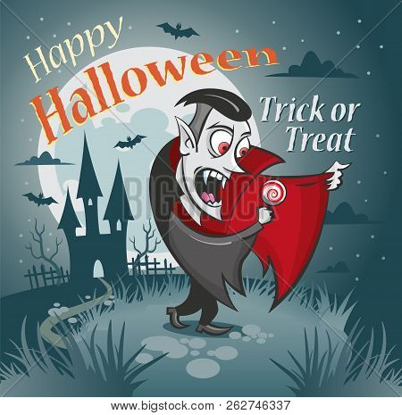 Happy Halloween Illustration. Vampire With A Candy Under The Moon.