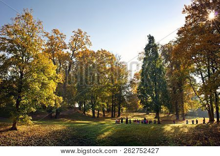 Krasny Dvur, Czech Republic - October 11, 2018: Teachers And Children From Nursery School Walking Th