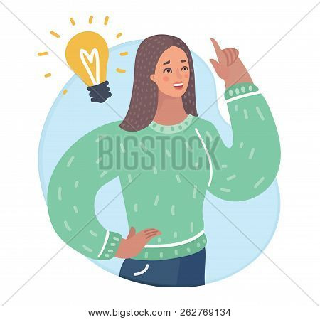 Vector Cartoon Illustration Of Women Idea Came. Female Character Is Up Her Forefinger. It Dawned Wit