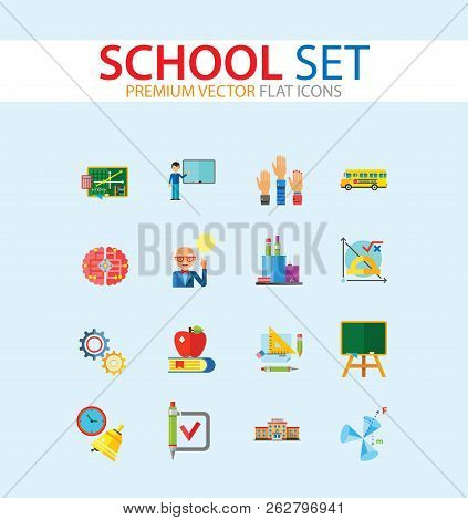School Icon Set. School Pencil School Bus Pencil Stand Stationery Math Formula Knowledge Vitruvian M