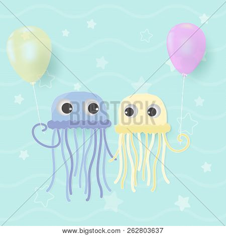 Jellyfish Couple Holding With Balloon Cute Cartoon Shower Card, Greeting Card. Paper Art Marine Styl