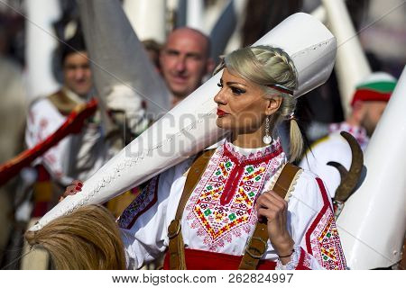 Pernik, Bulgaria - 28 January 2018: Participants Take Part In The International Festival Of Masquera
