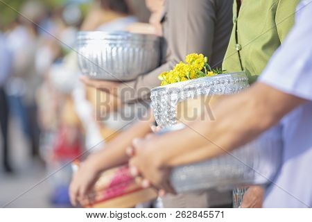 Make Merit Give Alms To A Buddhist Monk,food And Flower In A Basket For Giving To Priest,make Merit 