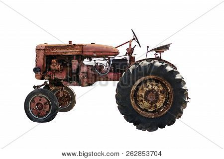 Rustic Old Red Tractor, Isolated On White Background. Agriculture Concept