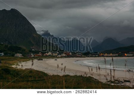 Beautiful View To The Evening Ramberg White Sand Beach And Mountains, Lofoten Islands, Norway