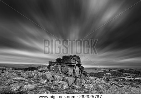 Beautiful Autumn Sunset Landscape Image Of View From Leather Tor In Dartmoor National Park In Black 