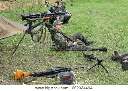 Sholokhovo, Moscow reg./Russia - May 5, 2018: Reenactment of one of the last battles of World War II in Europe - Battle of Courland, a new entertainment of modern Russia.