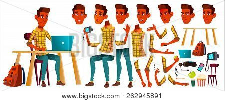 Teen Boy Vector. Animation Creation Set. Indian, Hindu. Asian. Face Emotions, Gestures. Leisure, Smi