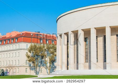 Zagreb, Croatia, October 13th, 2018: Zagreb, Croatia, Monumental Art Gallery And Beautiful Green Par